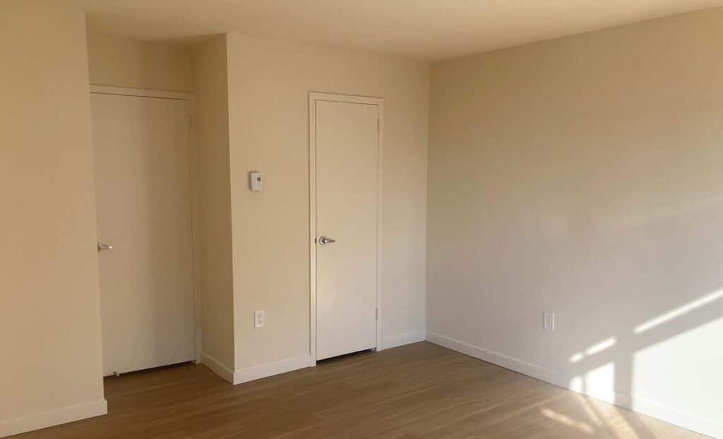 A corner of a room with light-colored walls, light wood flooring, two closed white doors, and sunlight streaming in from the right.