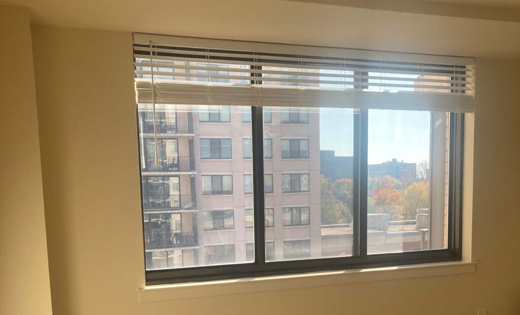 Sunlight streams through a large window with partially open blinds, showing a view of nearby apartment buildings and autumn trees outside.