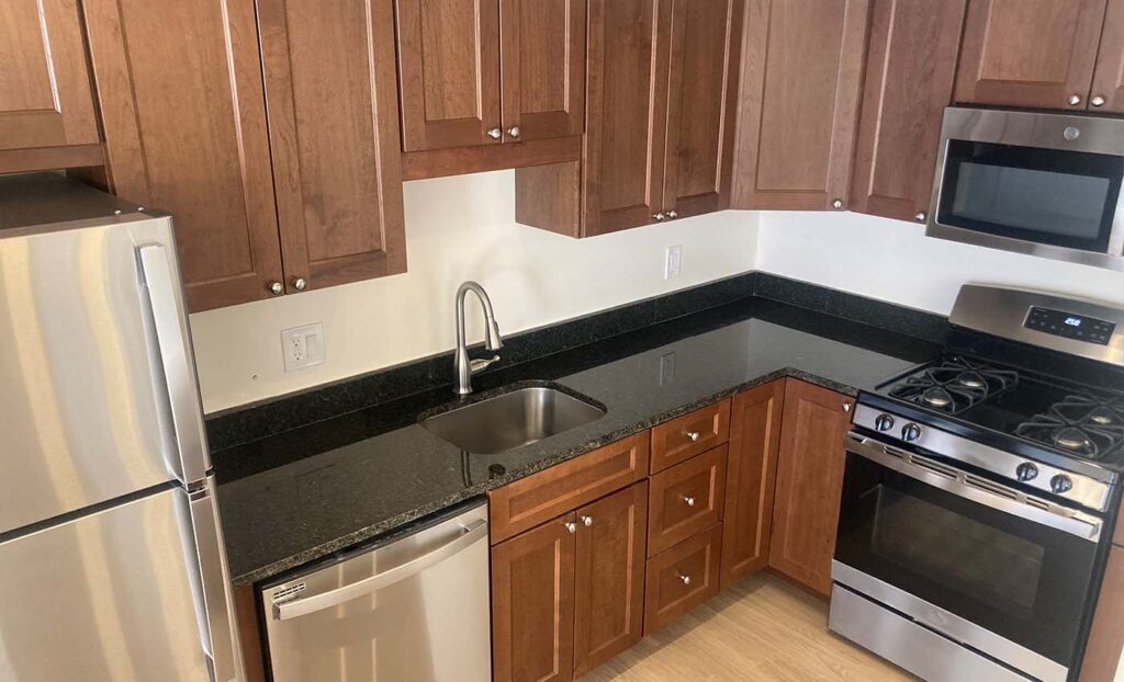Modern kitchen with stainless steel appliances, brown wooden cabinets, black granite countertops, and a built-in dishwasher under the sink.