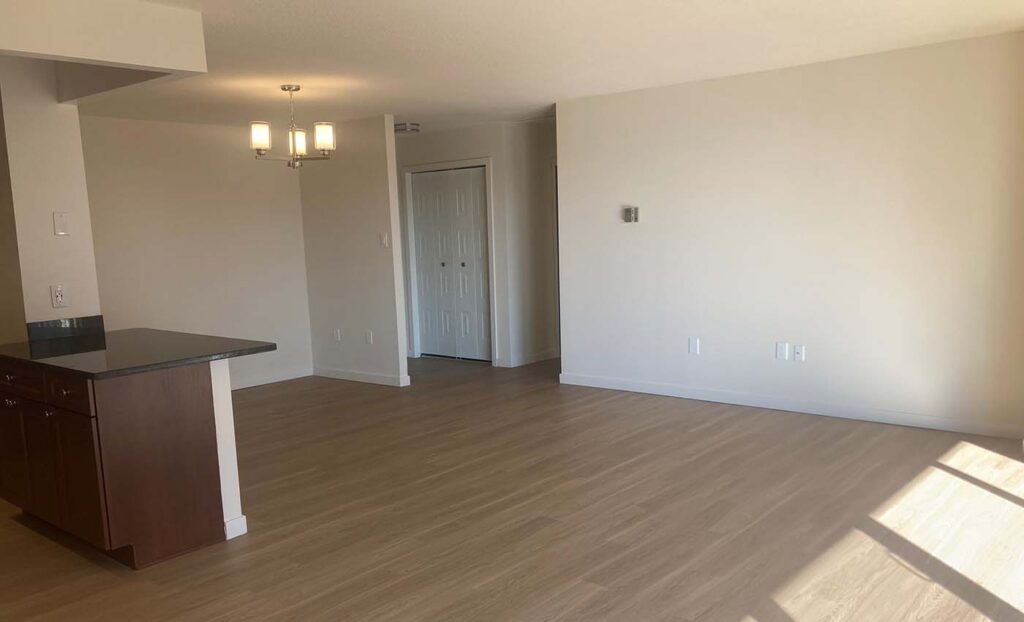 Unfurnished apartment with wood flooring, beige walls, white ceiling, and a kitchen counter; double doors and a window letting in sunlight.