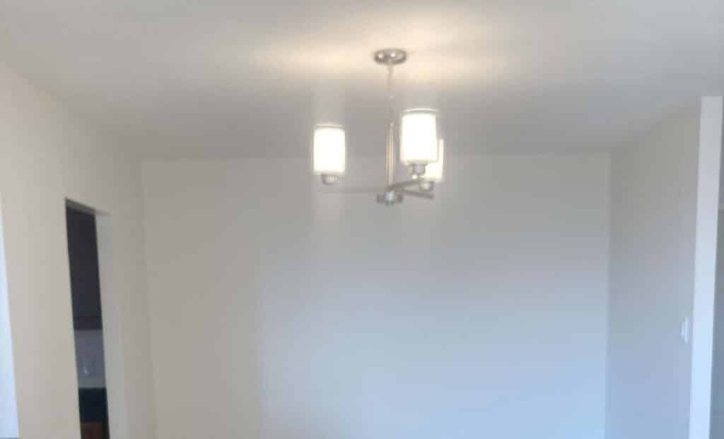 Modern ceiling light fixture with two frosted glass shades hanging from a white ceiling in an empty room with plain white walls.