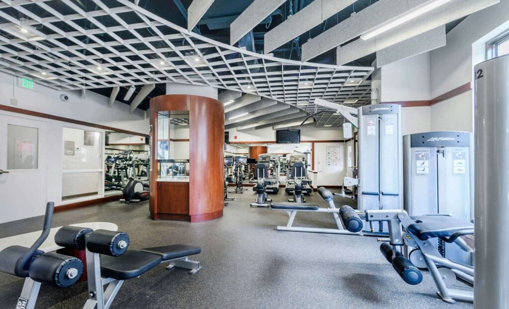 Modern gym interior with various exercise machines, weight benches, and cardio equipment. The space has high ceilings, bright lighting, and a clean, organized layout.
